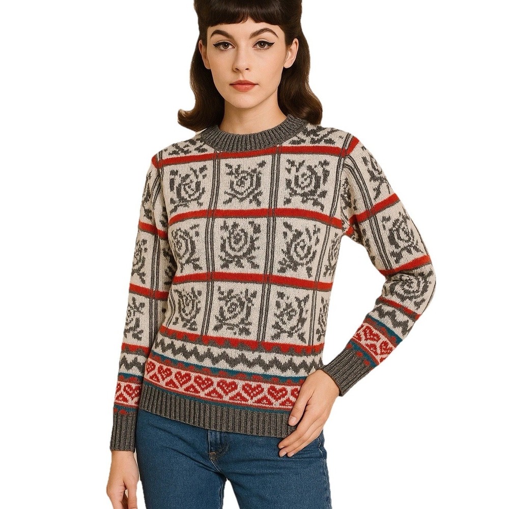 Vintage 80's 90's Hot Cashews Rose Gray Knit Sweater Small Round Neck‎